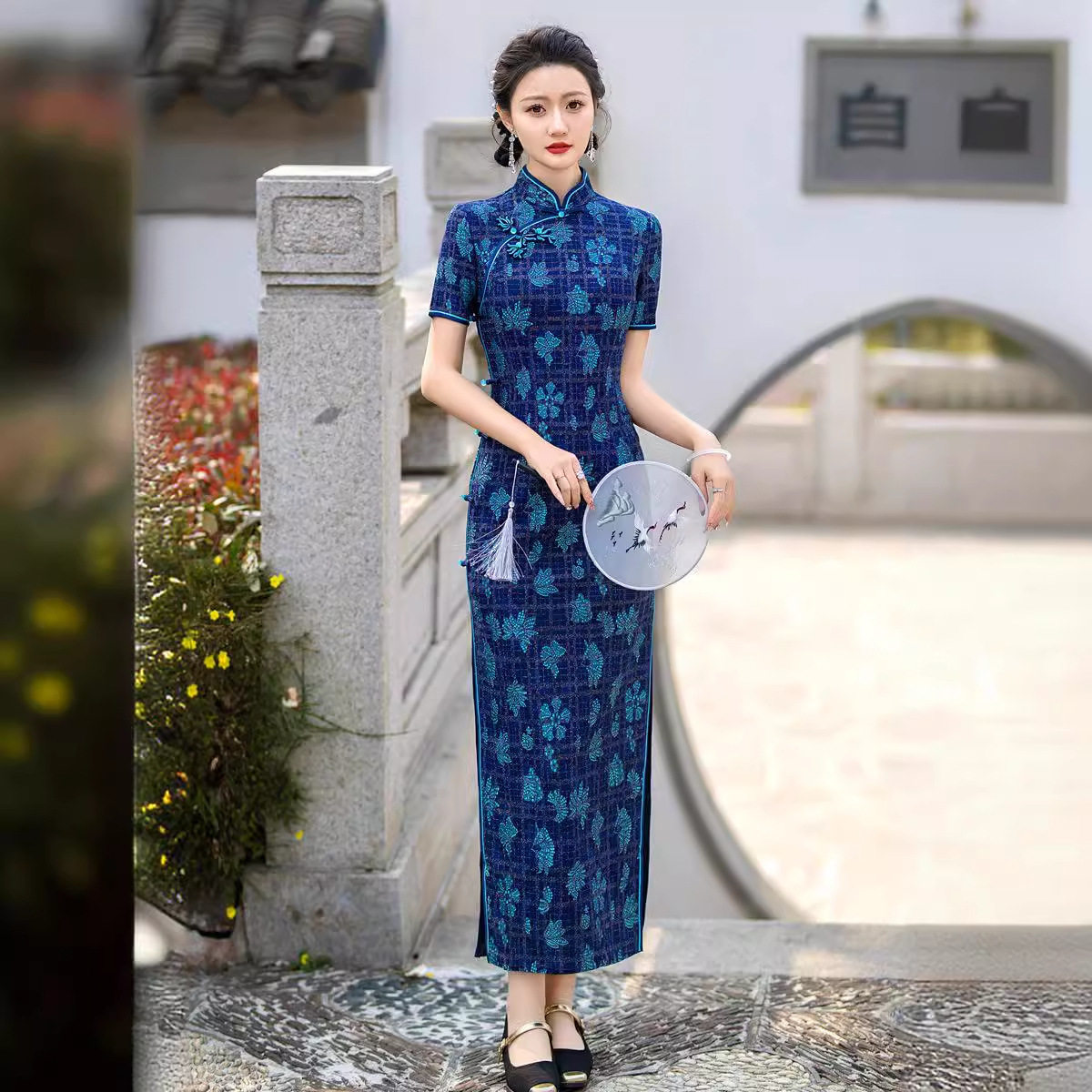 旗袍改良小个子中年妈妈夏季日常可穿礼服开叉长裙蕾丝复合长款