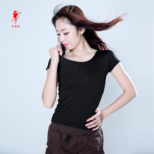红舞鞋健美操舞蹈练功服女上衣短袖圆领芭蕾形体成人瑜伽健身训练