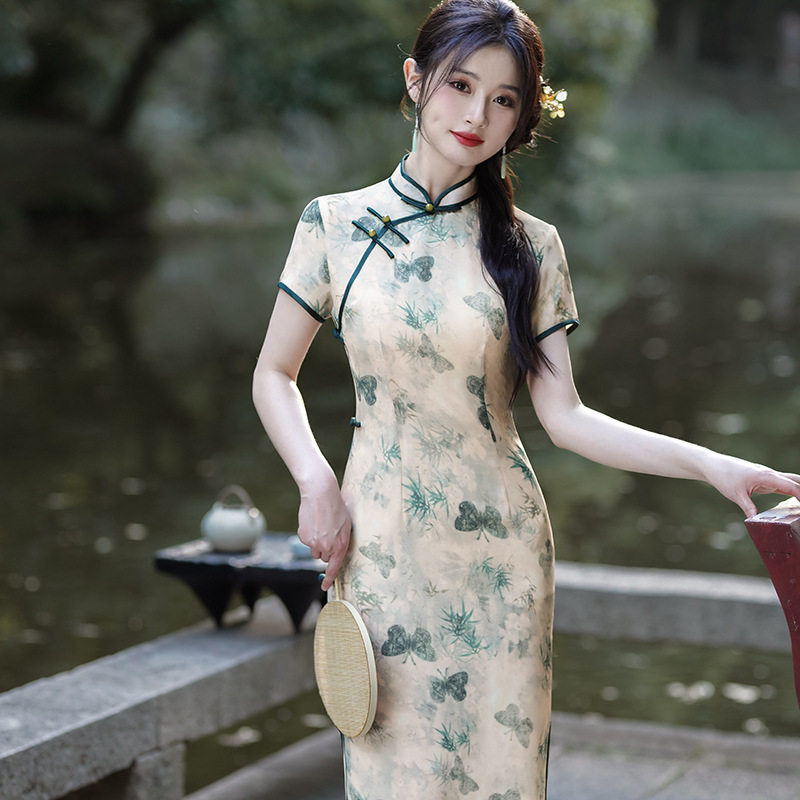 2026国风新中式夏秋新款旗袍中长双层雪纺改良女装演出服礼服气质