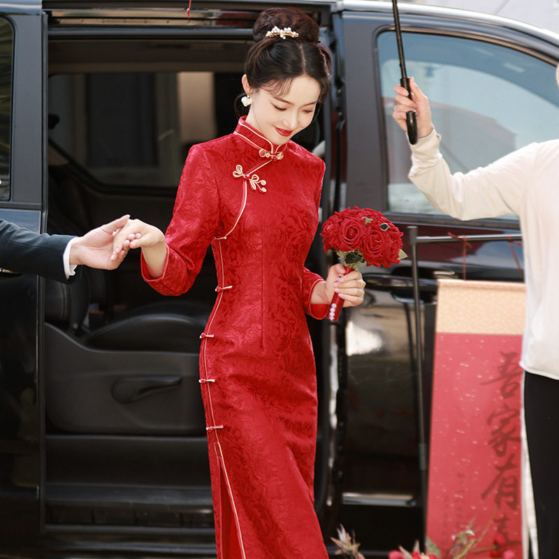 春秋新款提花三复合红色新娘敬酒服改良宴会婚礼长款修身年会旗袍