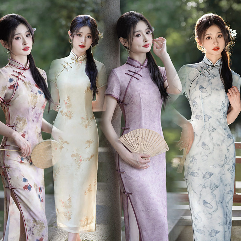 2026新中式夏秋新款旗袍中长双层雪纺改良修身显瘦女装气质连衣裙