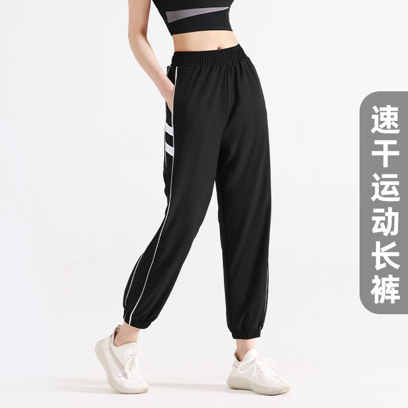 宽松条纹收腰束跑步运动裤