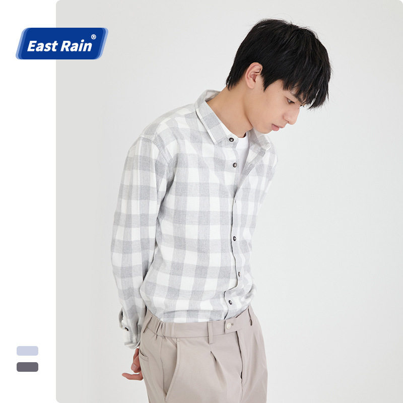ER男装春夏男士衬衫新款全棉色纺格子韩版修身休闲长袖寸衣上外贸