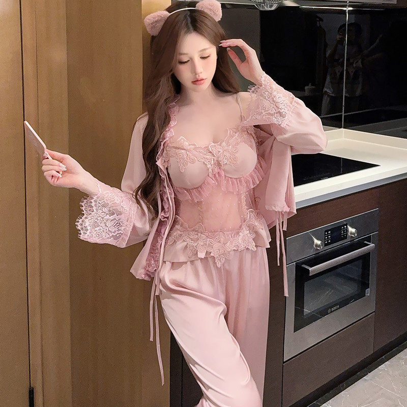 跨境春夏性感网纱甜美胸吊带短裤睡衣女四件套可外穿家居服套装