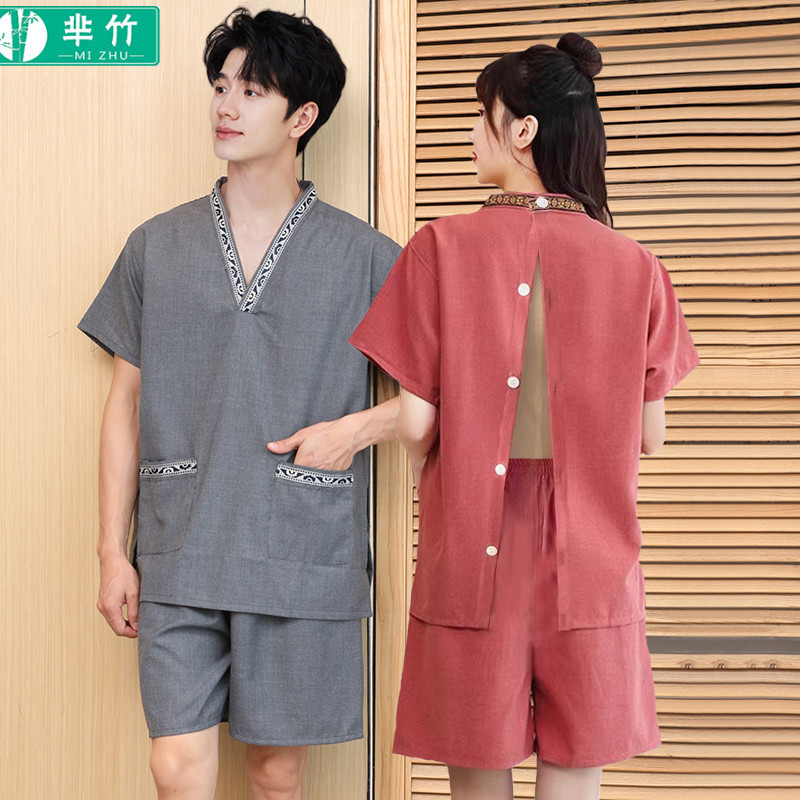 酒店按摩服女背开前后开贡麻大码男足疗采耳拔罐刮痧艾灸浴衣套装
