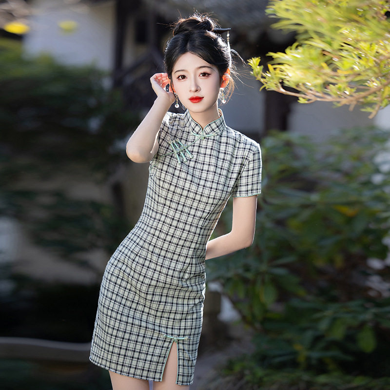 连衣裙主2026春夏短款小个子格子单层清新少女气质中国风复古旗袍