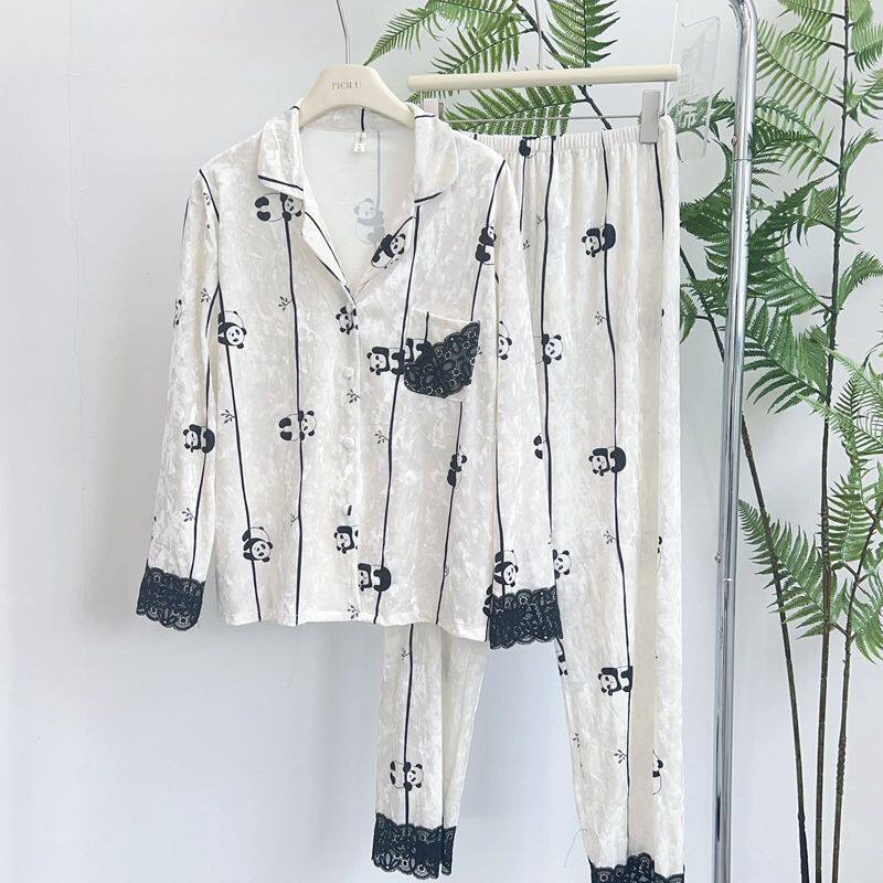 卡通可爱熊猫睡衣女春秋长袖金钻丝绒休闲简约家居服套装女秋冬