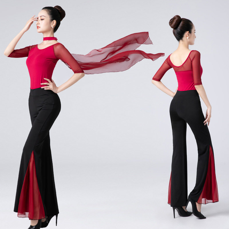 形体服礼仪模特训练服弹力网纱脖纱三件套舞蹈练功服女套装含胸