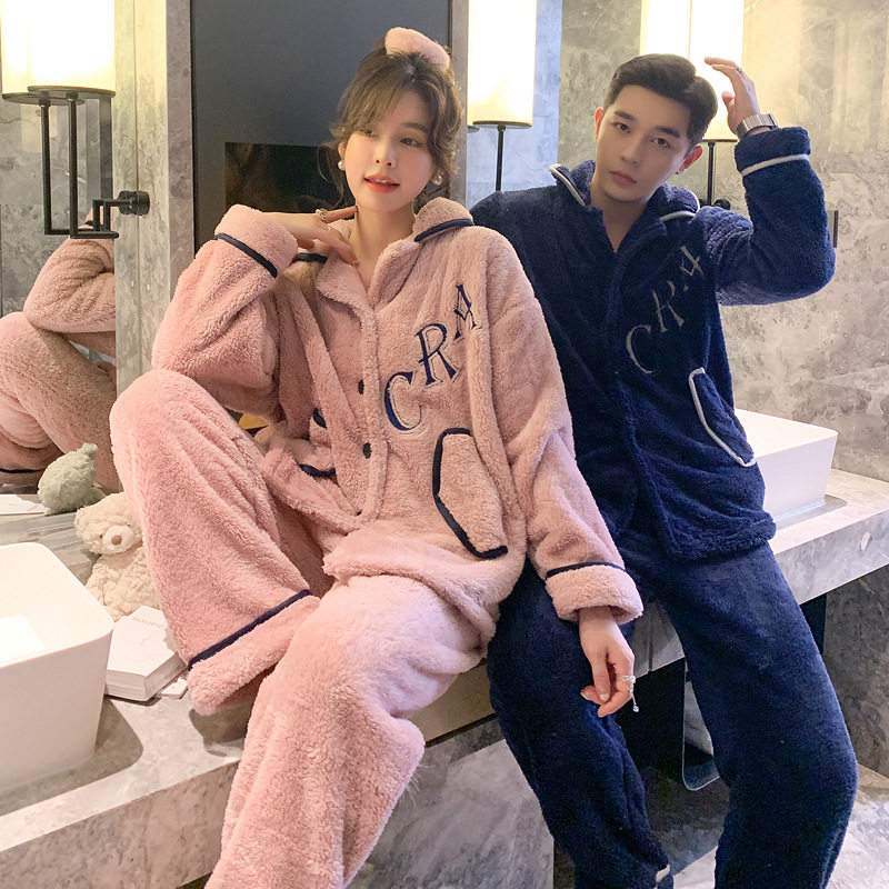 珊瑚绒情侣睡衣女冬季加绒加厚英文刺绣套装法兰绒保暖男士家居服
