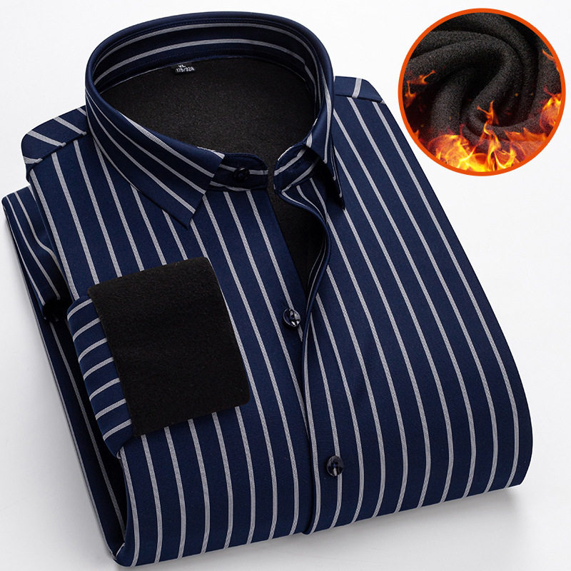 男士保暖内衣长袖加绒加厚衬衫高端条纹无痕免烫中青年格子男上衣