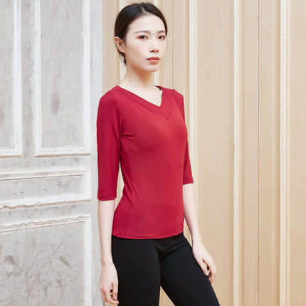 民族舞蹈练功服女士黑色紧身V领长袖上衣成人春秋修身芭蕾形体服