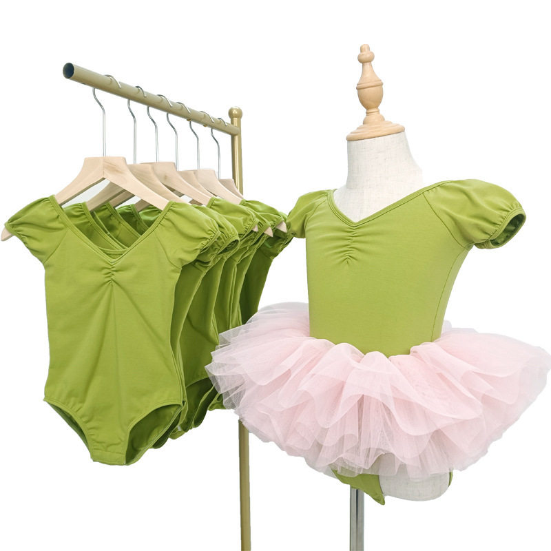 儿童舞蹈服夏季短袖芥末绿分体蓬蓬纱裙套装女童练功服女孩跳舞