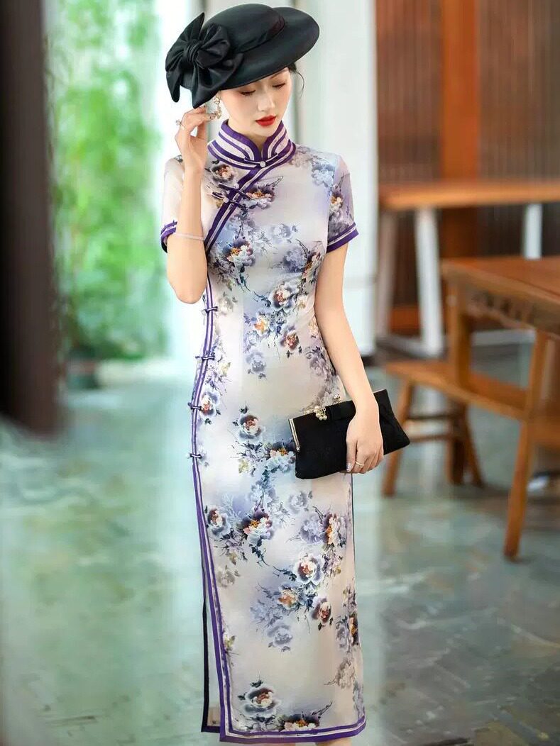 桑蚕丝优雅风年轻妈妈高档旗袍裙