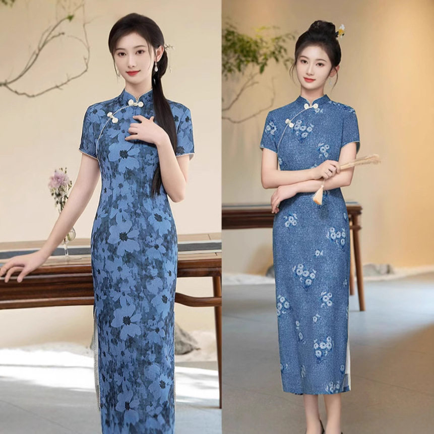 蓝色旗袍新款2026年新款春夏季年轻款少女改良日常可穿复古连衣裙