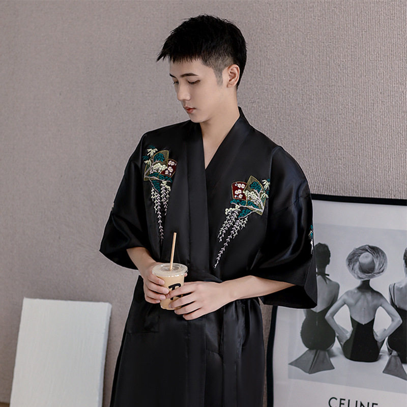 2024 AUTUMN NEW MENS PAJAMAS BATHROBES FIELD BLACK CHINESE STYLE SILK LOOSE COMFORTABLE HOTEL PLUS SIZE FOREIGN TRADE