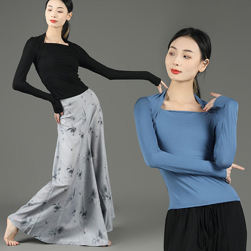 舞蹈练功服上衣女生型体长袖芭蕾形体服长裙裤黑色礼仪训练莫代尔