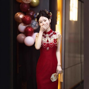 云肩珠帘酒红提花2025新款 回门礼服 夏改良旗袍敬酒服结婚新娘便装