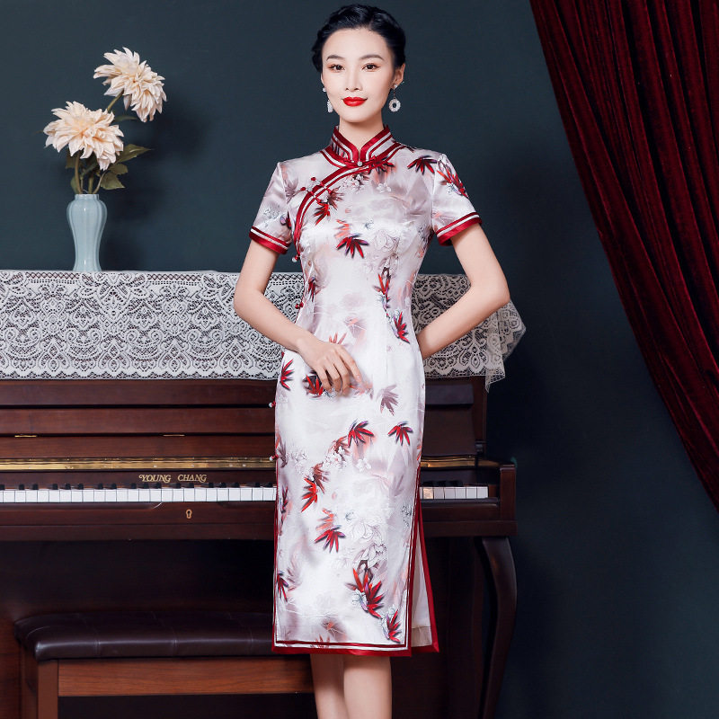 中长款印花礼服短袖桑蚕丝旗袍