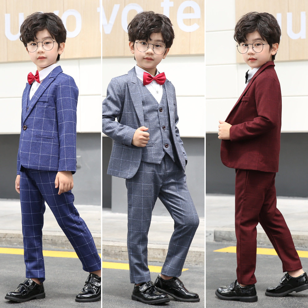 2026春秋新款帅气童装男童韩版西装儿童格子西服马甲礼服套装外贸