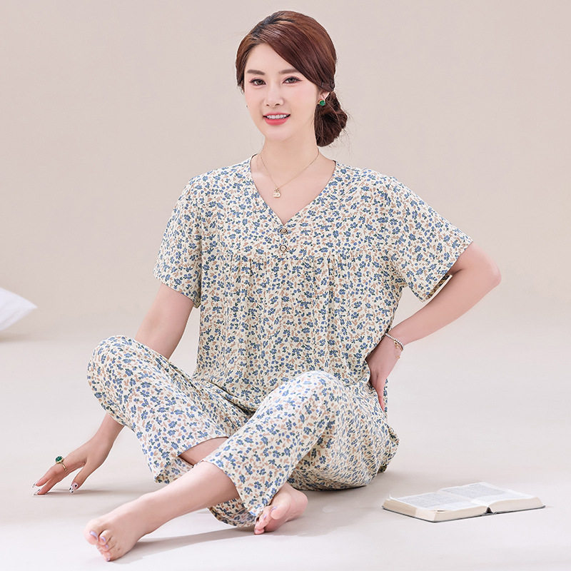 中老年妈妈睡衣女士短袖长裤加特大码人造棉棉绸家居服套装有口袋