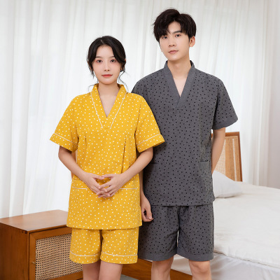 情侣款家居服复古波点新款男女套装居家睡衣洗浴按摩桑拿汗蒸浴袍