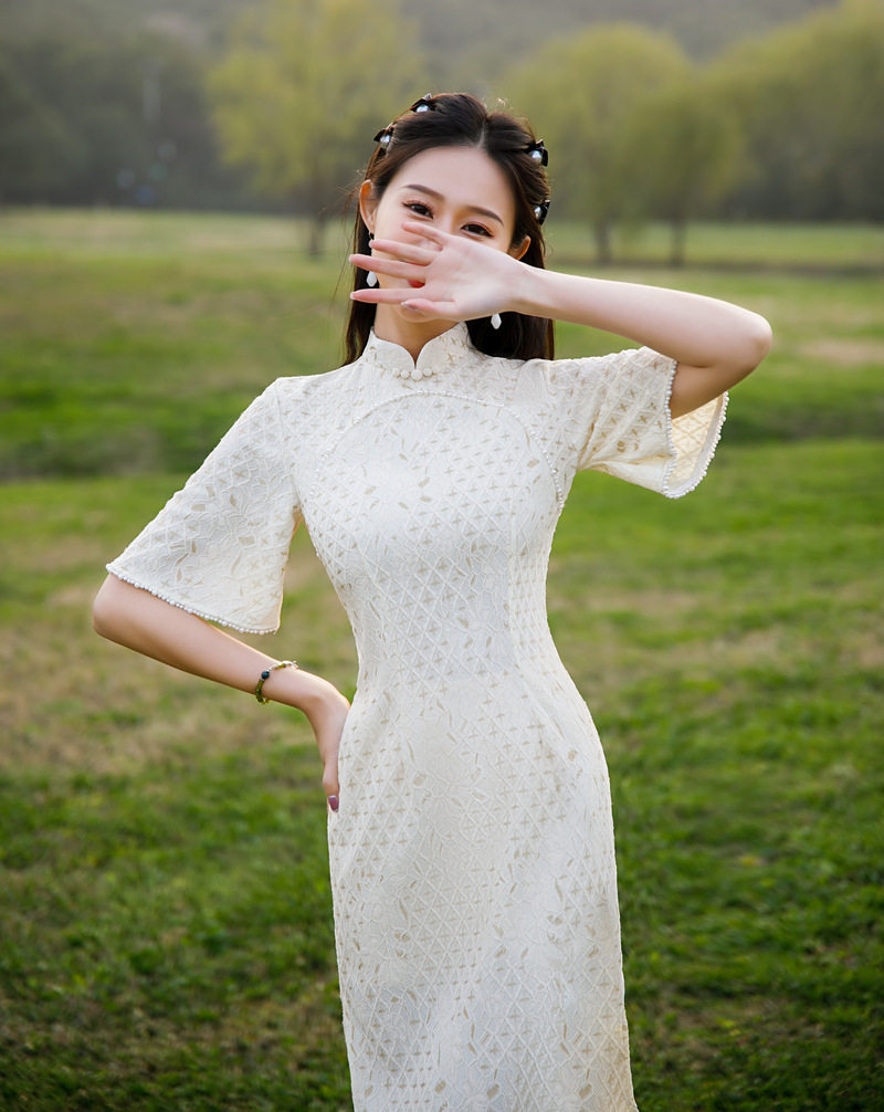 琳湘漫2026新款夏古典复合蕾丝烫金改良旗袍连衣裙礼服年轻女装
