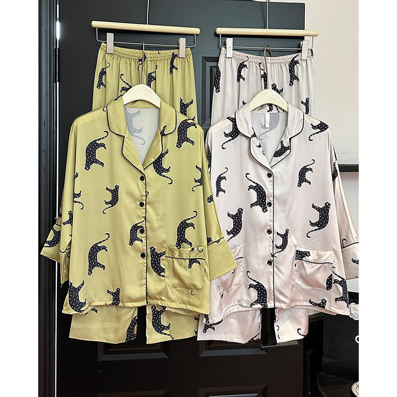 蝙蝠袖豹子轻奢秋冬季高级感冰丝丝绸长袖套装可外穿保暖家居服