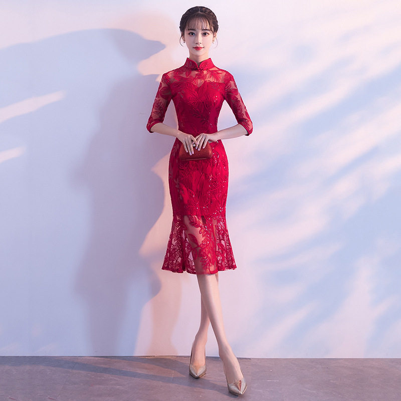 旗袍敬酒服新娘2026新款女中式镂空蕾丝结婚回门答谢宴红色礼服裙