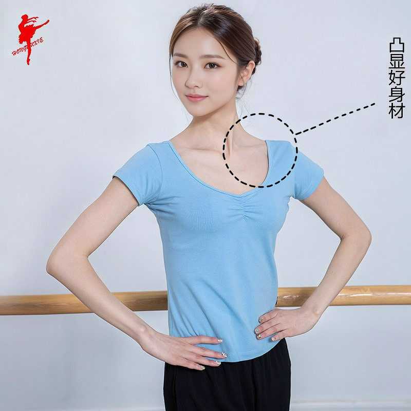 红舞鞋舞蹈服服装薄棉前抽带鸡翼袖练功短袖广场舞半袖上衣T恤女