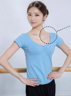 红舞鞋舞蹈服服装薄棉前抽带鸡翼袖练功短袖广场舞半袖上衣T恤女