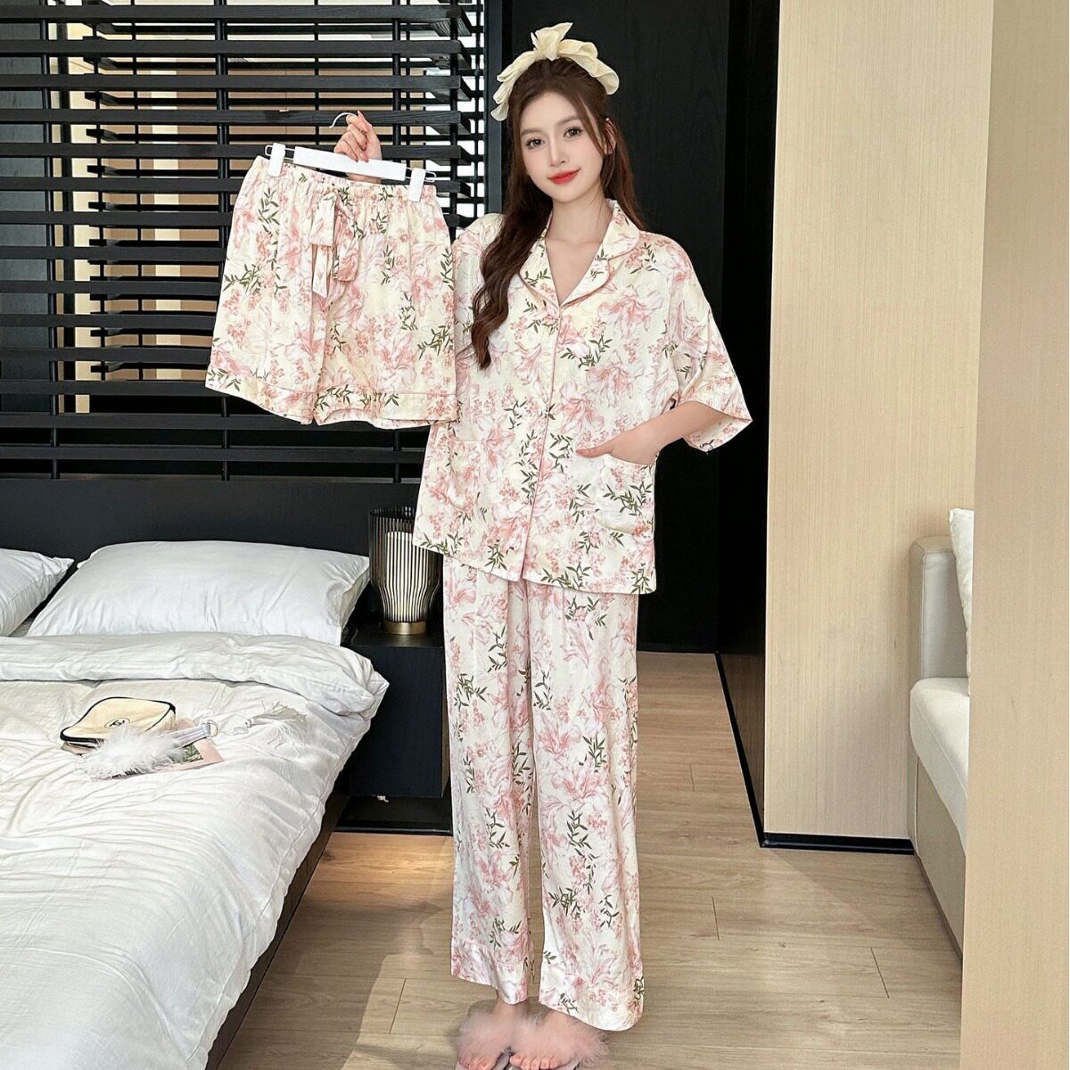 短袖三件套睡衣女士春秋款冰丝水仙花家居服夏季薄款服套装秋2026