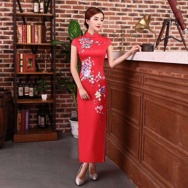 2026春季新款宴会新娘结婚敬酒服 立领开衩红色长款丝绸高级礼服
