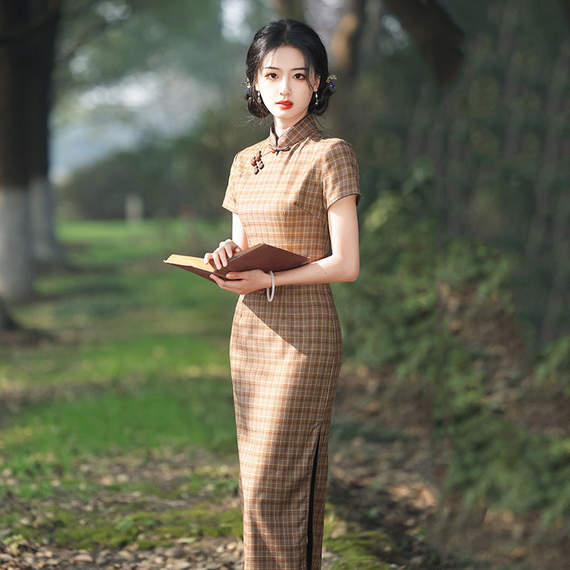格子国风中式长款改良旗袍新款年轻款女民国老上海复古修身毕业照