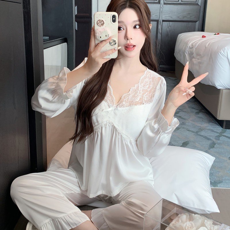 跨境工厂可外穿可爱家居服新款性感蕾丝冰丝睡衣女士长袖套装花边