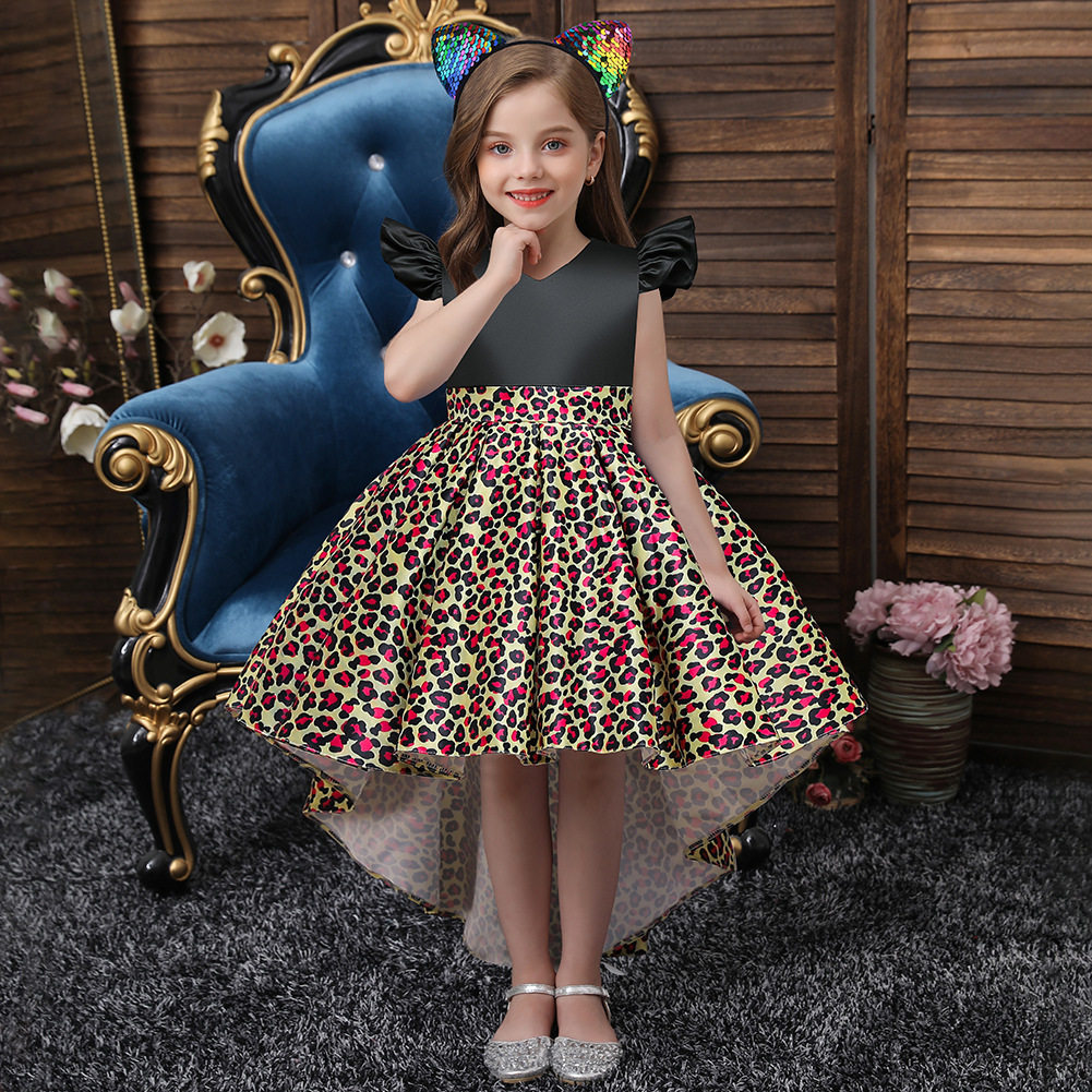 2026欧美短袖黑色礼服公主童裙女孩连衣裙dress+亮片发箍童装外贸
