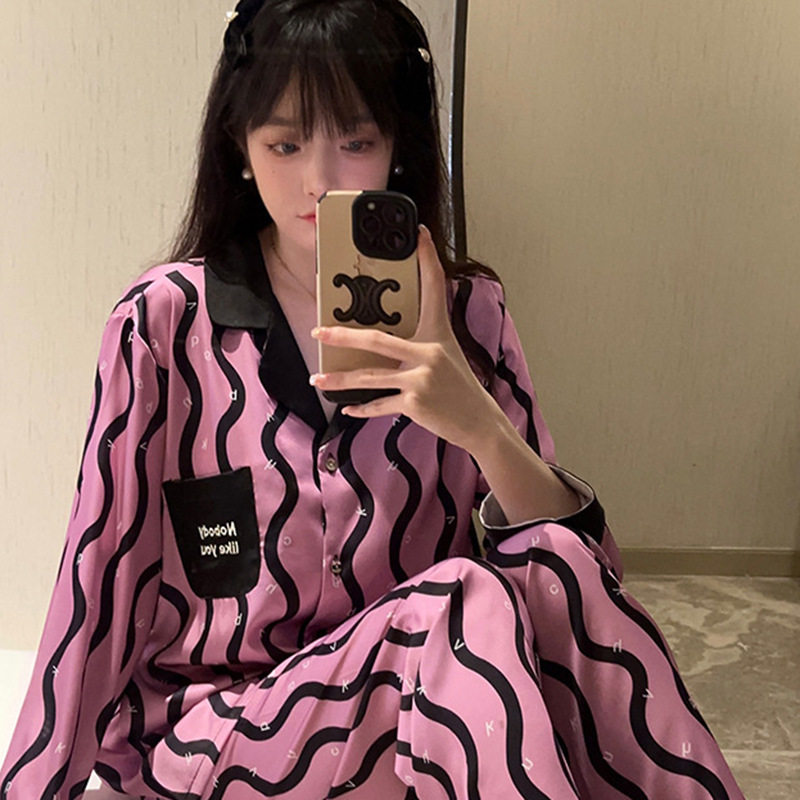 【树莓波纹】韩系ins风睡衣女冰丝薄款秋冬设计感长袖家居服套装