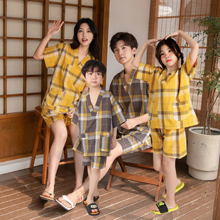 亲子汗蒸服加胸女套装情格子夏季一家三口睡衣家居服男女儿童