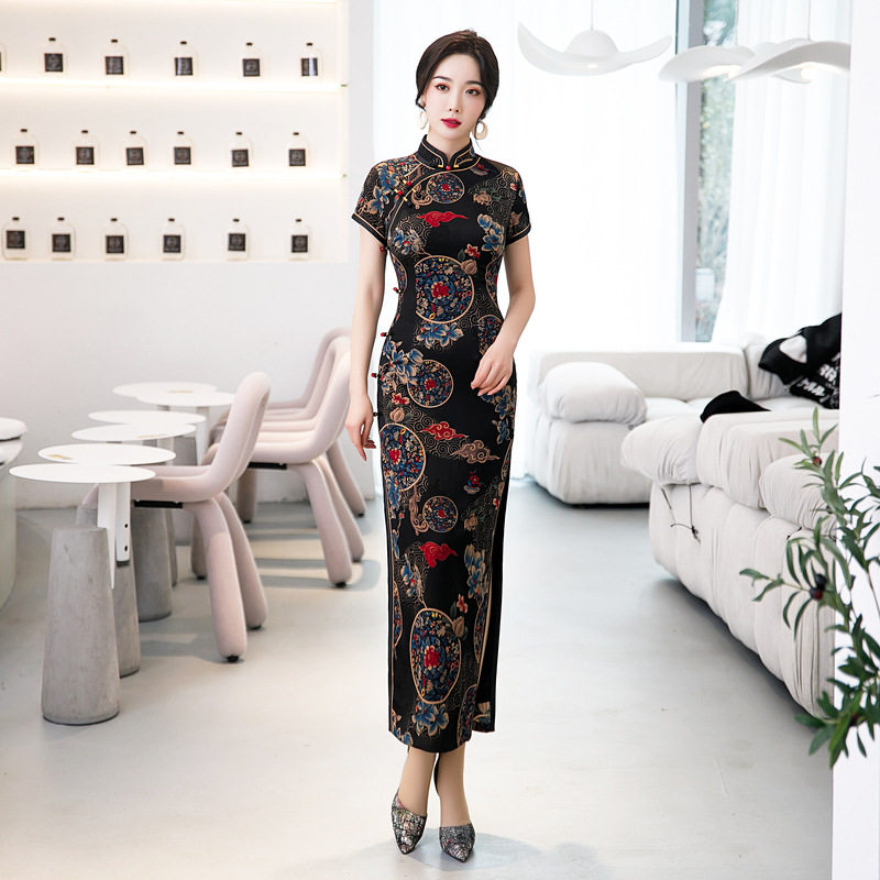 黑色长款蚀骨旗袍2026年新款夏复古国潮改良版连衣裙女大码年轻款