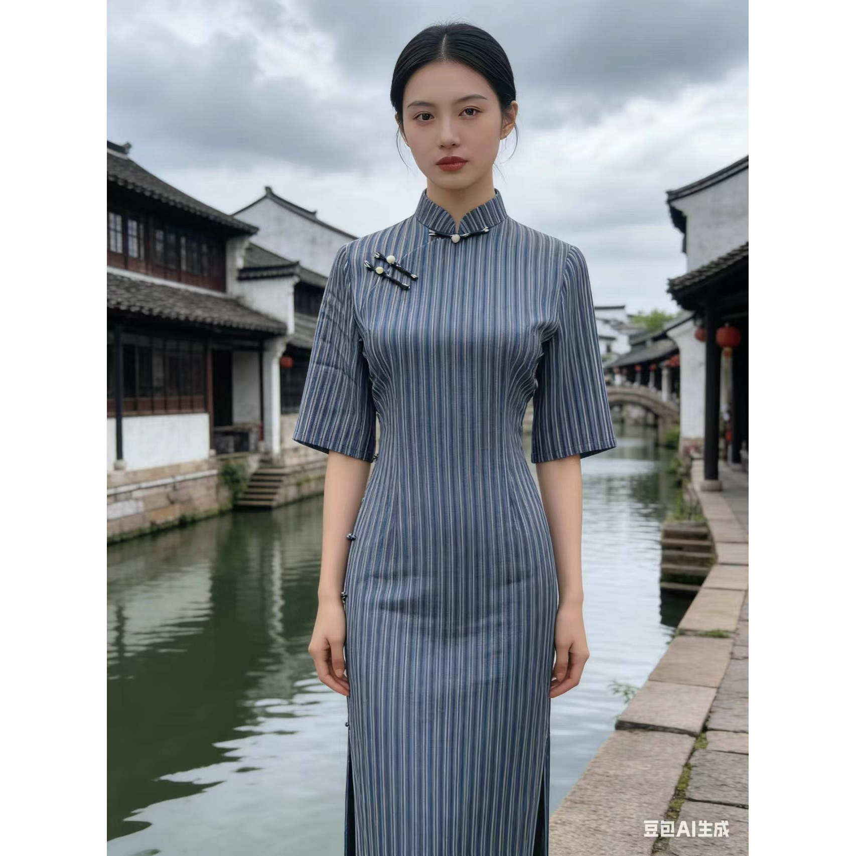 复古中国风长款竖条中袖旗袍群2026夏季新款改良中式传统连衣裙女