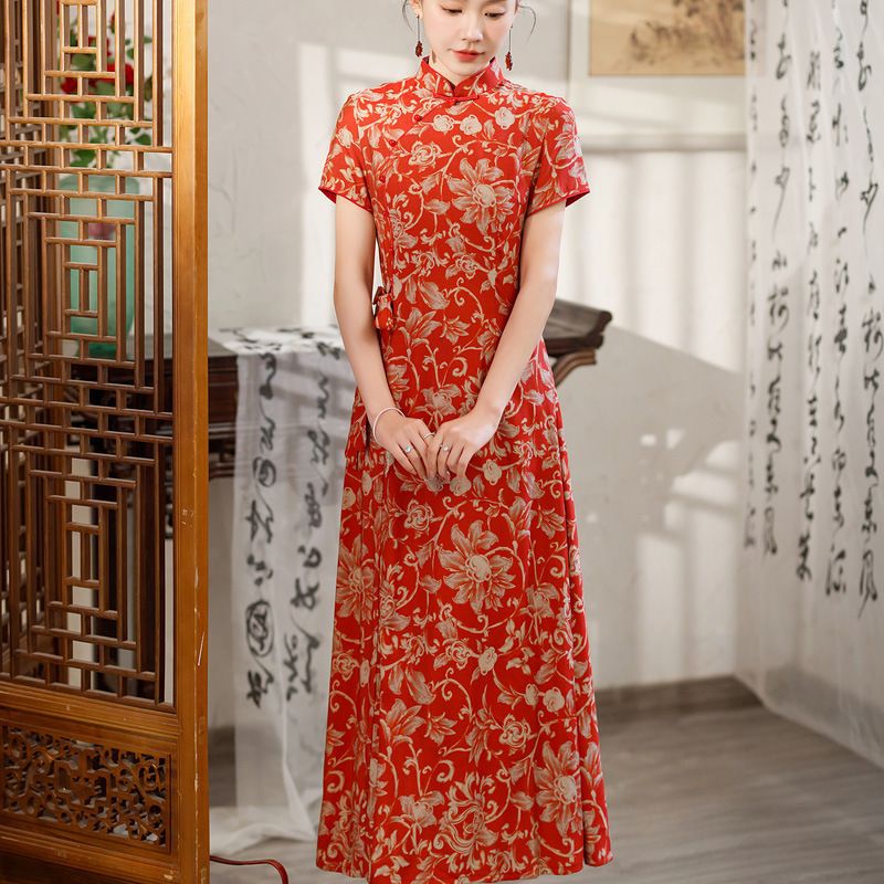 显瘦奥黛春夏秋新款金丝绒中式气质礼服妈妈装五分袖长款唐装收腰