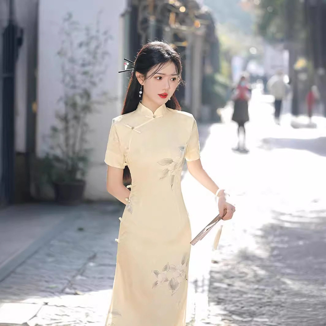 江南风情气质复古收腰连衣裙夏季日常改良国风修身中长醋酸旗袍裙