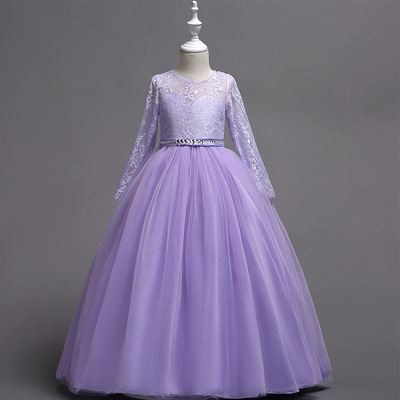 欧美风女童长款镶钻网纱公主裙