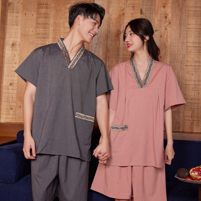 高档男大码纯棉苎麻汗蒸服女洗浴中心按摩桑拿服情侣套装酒店养生