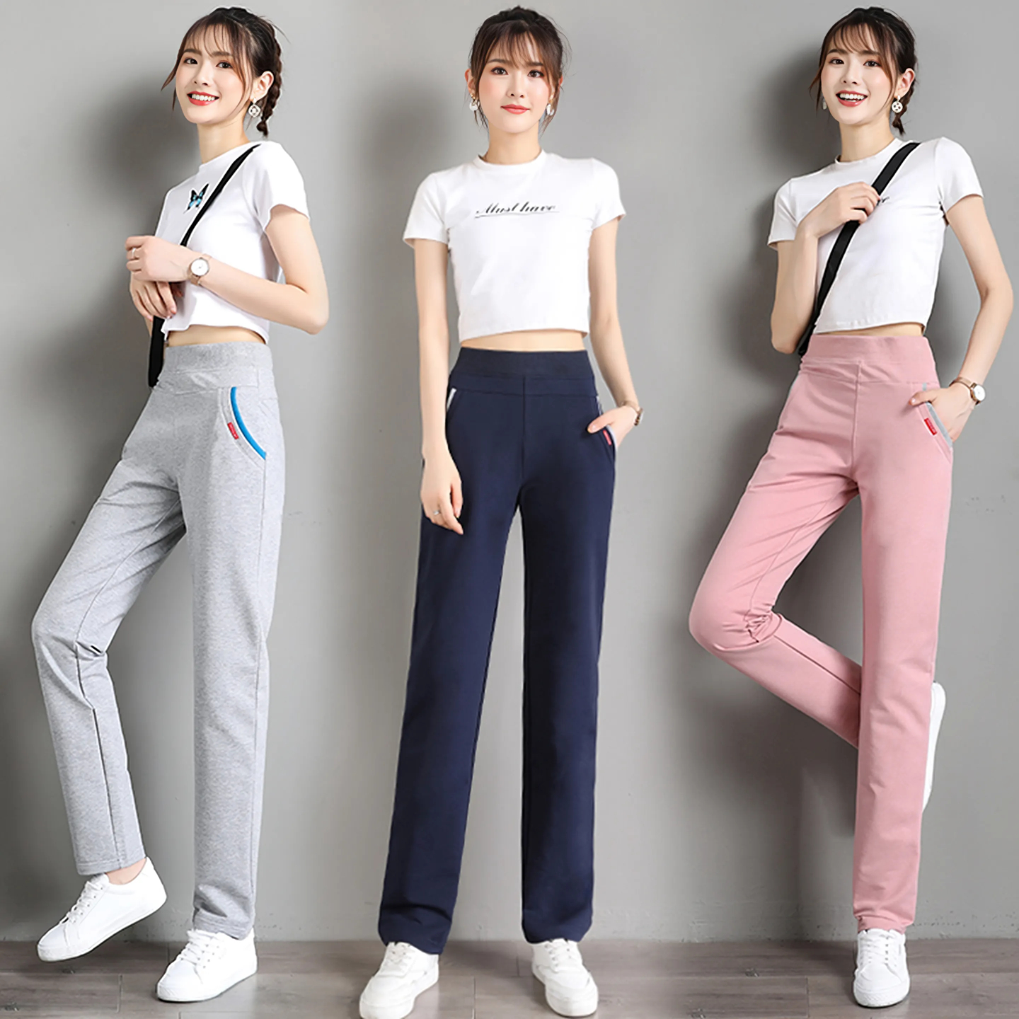 加绒运动裤女春秋冬款高腰直筒裤弹力棉质修身显瘦女裤子休闲卫裤