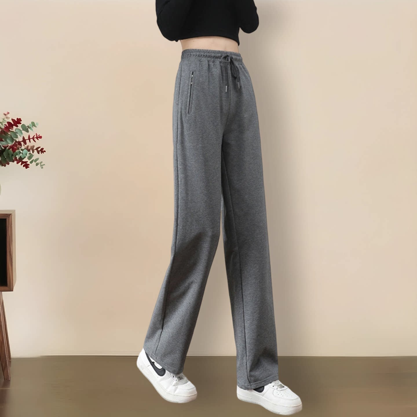 拉链口袋纯棉运动裤女休闲裤卫裤