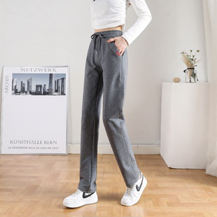 子纯棉休闲卫裤 高腰显瘦加绒女裤 女秋冬新款 拉链口袋小直筒运动裤