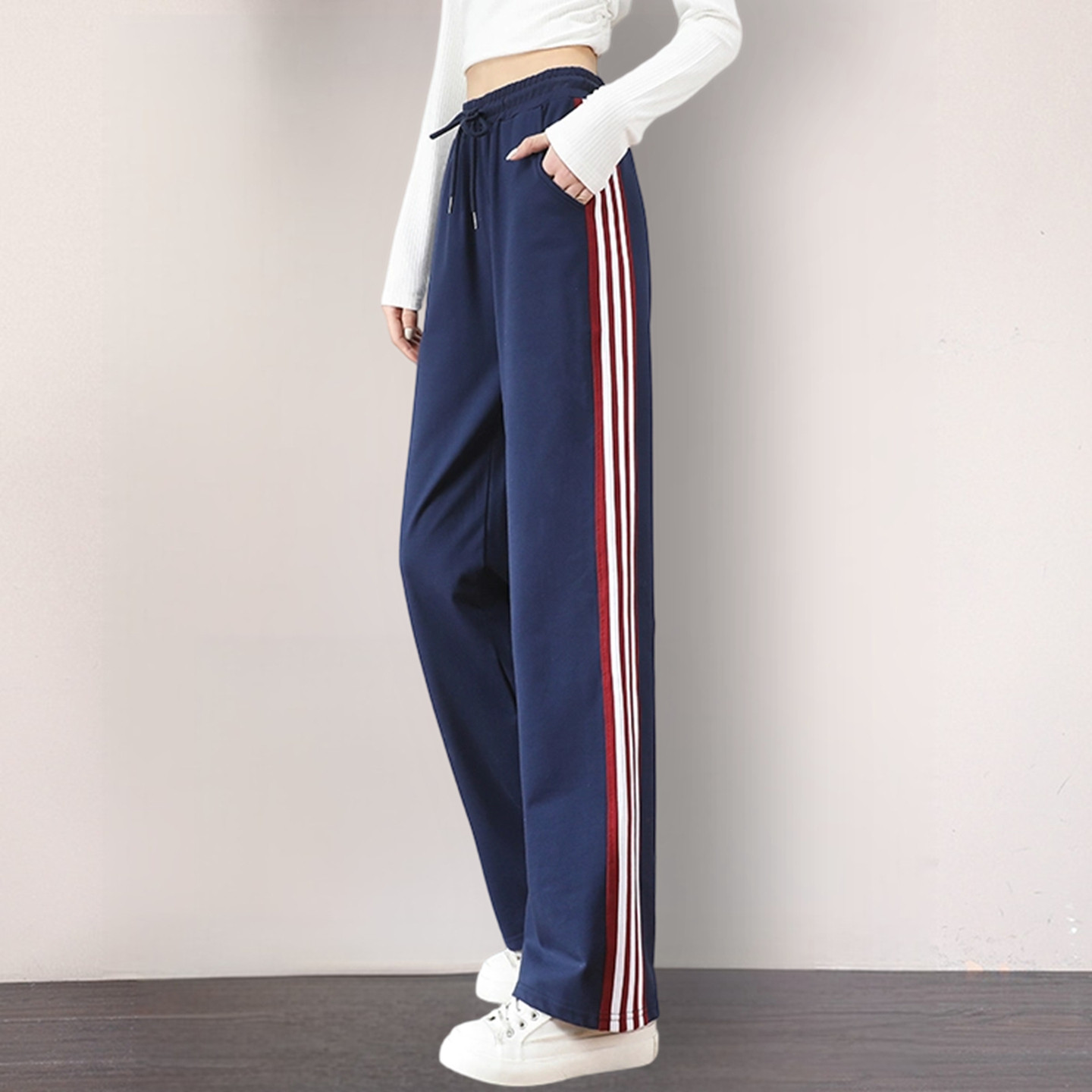 纯棉休闲阔腿裤女士春秋冬季宽松高腰加绒直筒运动裤子三条杠卫裤