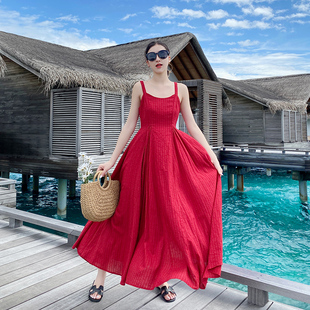 【买一送一】露背三亚海边度假沙滩裙女夏超仙红色大理洱海连衣裙