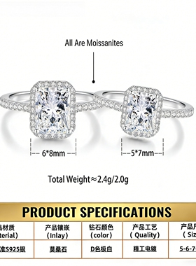 【Drctcy】莫桑钻戒指女长方形莫桑石S925纯银饰品一克拉方包婚戒