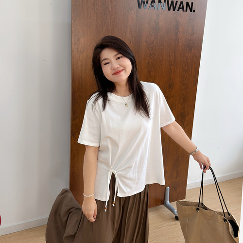 宛宛大码女装胖mm正肩遮肚t恤夏季新款开衩设计纯色百搭短袖新款